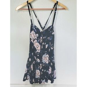 Free‎ People Mini Dress Floral Print Button Front Cross Back Black Casual Flowy